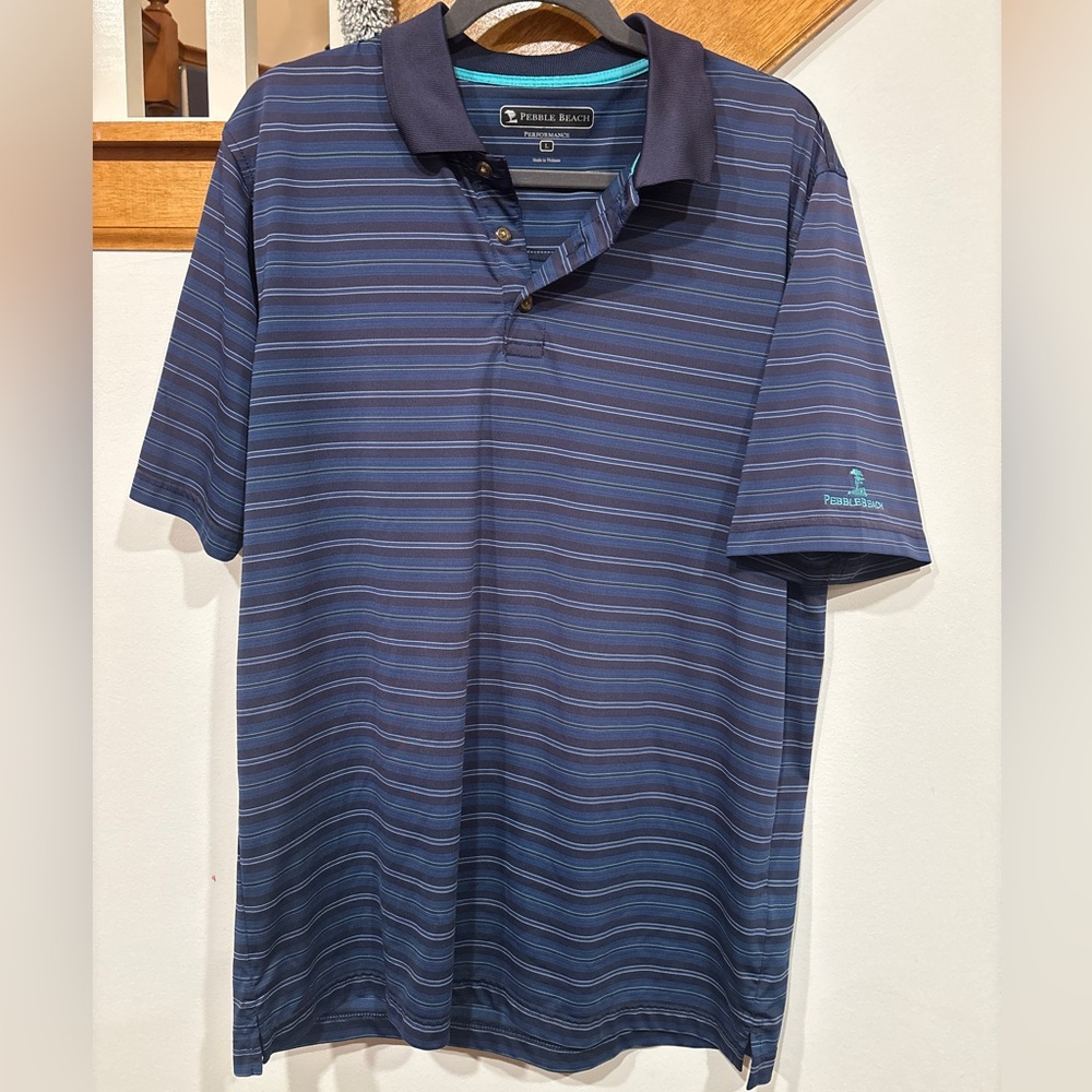 Men’s Pebble Beach Blue Striped Golf Polo - Size Large